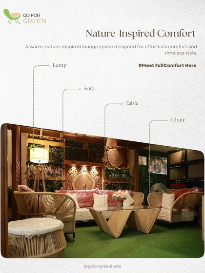 An infographic-style view of a nature-inspired lounge space in our showroom. This setup features a wicker sofa and chair set with a unique V-shaped wooden coffee table. The image points out the different elements that come together to create a cohesive, comfortable, and stylish outdoor living room.