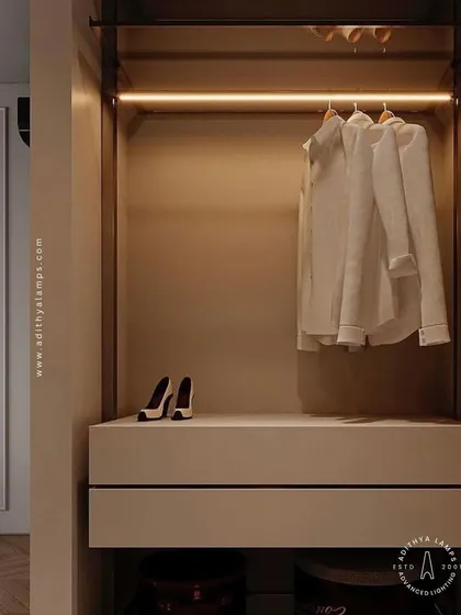 A duplicate of image 75, showing how our profile lights can turn a simple wardrobe into a high-end boutique-style closet with perfect visibility.