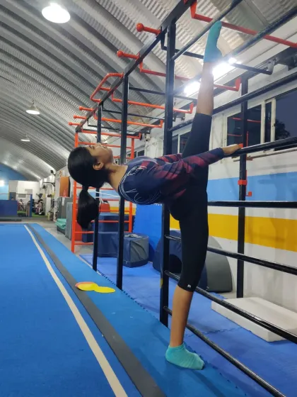 A beautiful demonstration of a needle scale stretch against the wall bars. This pose requires and builds extreme back and leg flexibility.