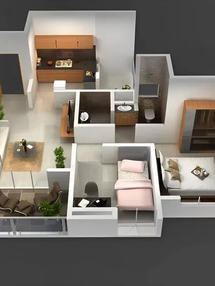 A look at one of our 3D floor plans, which we use to help clients visualize the full potential of their space. This layout for a compact 2BHK apartment shows how strategic furniture placement and zoning can create a comfortable and efficient flow.