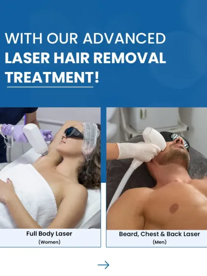 Laser hair reduction is for everyone. We provide customized treatments for women, including full body laser, and for men, focusing on areas like the beard, chest, and back for a clean, well groomed look.