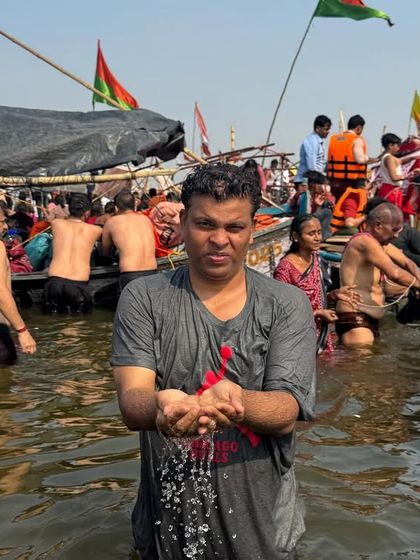 Taking a dip during the Kumbh Mela in Prayagraj. This ancient spiritual gathering is more than a ritual; it is a profound meeting of worldly people and ascetics, a constant reminder of our spiritual goals.