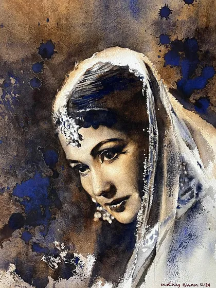 A monochrome portrait with expressive blue splashes in the background. This piece from a value study workshop shows how to combine controlled realism with spontaneous effects.