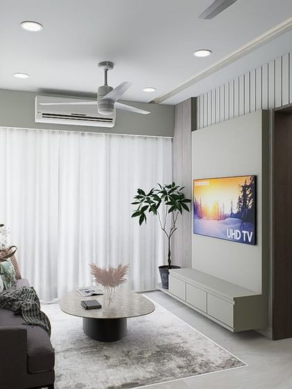 A preview of a modern minimalist living room. These renders allow us to experiment with wall textures, furniture layouts, and color palettes to create a mindful and serene environment.