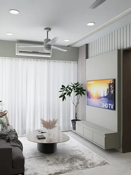 A preview of a modern minimalist living room. These renders allow us to experiment with wall textures, furniture layouts, and color palettes to create a mindful and serene environment.
