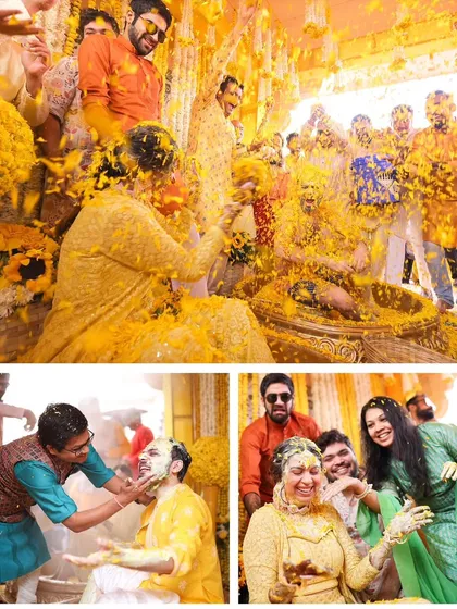 The Haldi ceremony in full swing, with friends and family joyfully participating in the rituals.