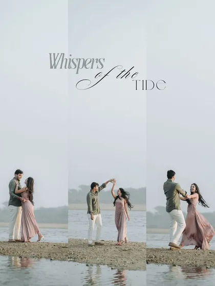 A series of images capturing the couple dancing and interacting by the water. Titled "Whispers of the Tide," this collage tells a story of playful romance and movement.