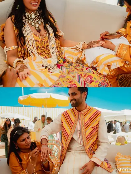 A collage capturing the happy moments and vibrant details of the bride and groom during their Mehendi ceremony in Cannes.