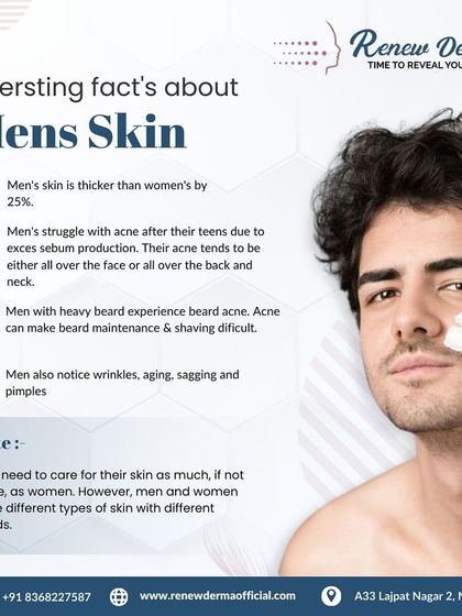 An educational graphic sharing interesting facts about men's skin. It's 25% thicker than women's and has different needs, which is why we offer specialized treatments to address common issues like acne, wrinkles, and sagging.