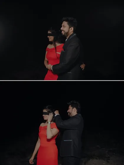 The big reveal. This two-part image captures the anticipation as he removes her blindfold to reveal the surprise proposal setup.