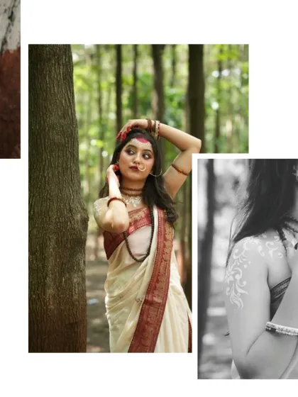 A composition blending color and monochrome to showcase the dynamic and serene poses from our Goddess Parvati conceptual shoot in the forest.
