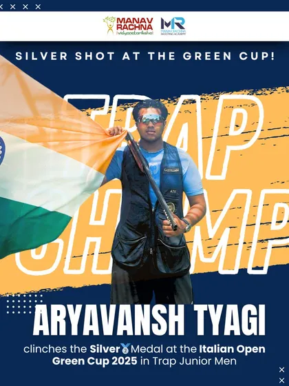 Our training prepares athletes for global stages. We celebrate Aryavansh Tyagi's silver medal win at the prestigious Italian Open Green Cup, where he competed against elite shooters from 33 countries, proudly holding the Indian flag.