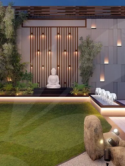 Another perspective of the Aligarh project, highlighting the harmony between the manicured lawn, the tranquil Buddha statue, and the modern architectural elements of the boundary wall.