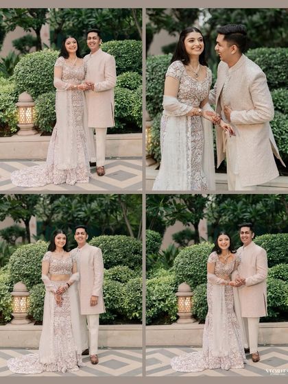 A collage of classic portraits of Tushar and Kanupriya from their Roka ceremony, set in a beautiful garden.