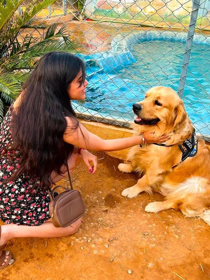A visitor kneels by the pool to pet a beautiful Golden Retriever.