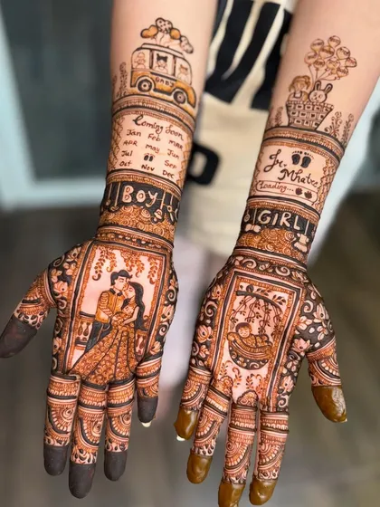 Another angle of the baby shower mehendi, showing how the story flows from the palms up to the arms. The design includes a car with heart balloons, symbolizing the journey to parenthood.