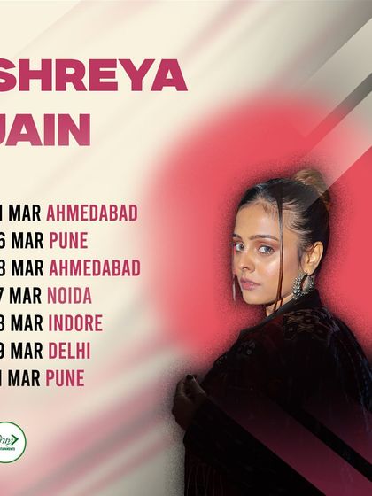 The March tour poster for indie artist Shreya Jain, showing her multiple performances in cities like Ahmedabad, Pune, and Delhi.