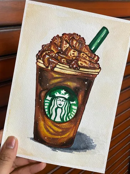 My take on a Starbucks Frappuccino, drawn with markers. I had fun recreating the details, from the iconic green logo to the texture of the whipped cream and chocolate drizzle.