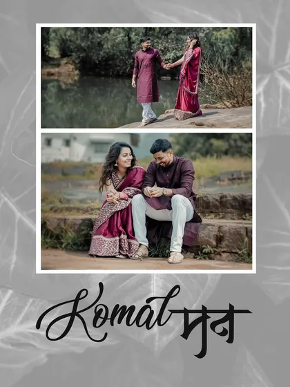 A collage showcasing the couple in traditional outfits, posing by the water and on ancient stone steps.