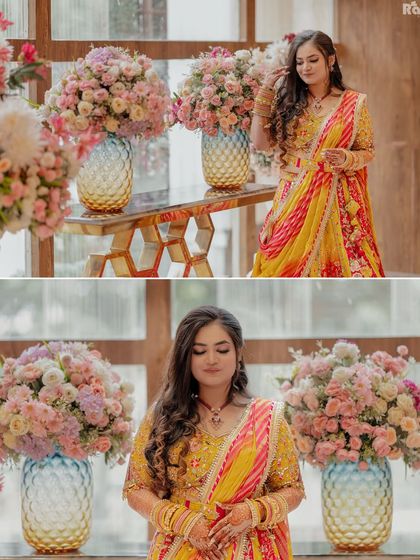 A diptych of the bride posing with beautiful floral arrangements at her Roka ceremony, highlighting the stunning decor and her radiant look.