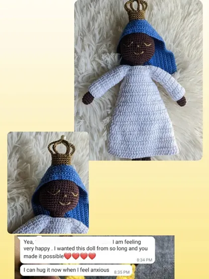 A heartwarming review from a client who ordered a Mother Mary doll for comfort. Knowing my work brings people happiness is the best part of what I do.