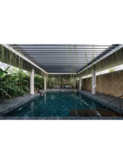 A stunning semi-covered swimming pool featured in Architectural Digest. The dark tiles give the water a deep, inviting color, while trailing vines from the pergola above create a curtain of green.