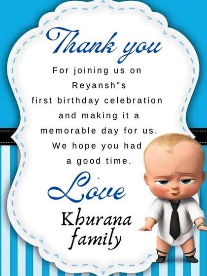 A personalized thank you card from the Khurana family for Reyansh's first birthday celebration.