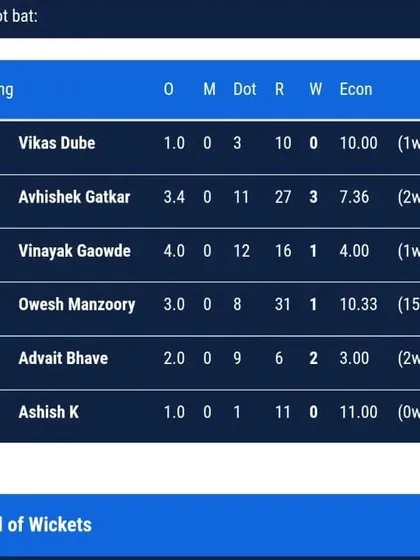 The bowling stats for Advait Bhave, showing he took 2 wickets for just 6 runs in 2 overs with an economy of 3.00.