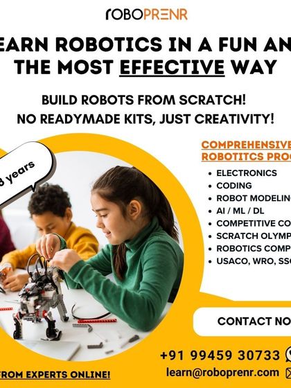 Learn robotics in a fun and effective way. Our comprehensive program teaches electronics, coding, AI, and competitive skills, all by building robots from scratch.