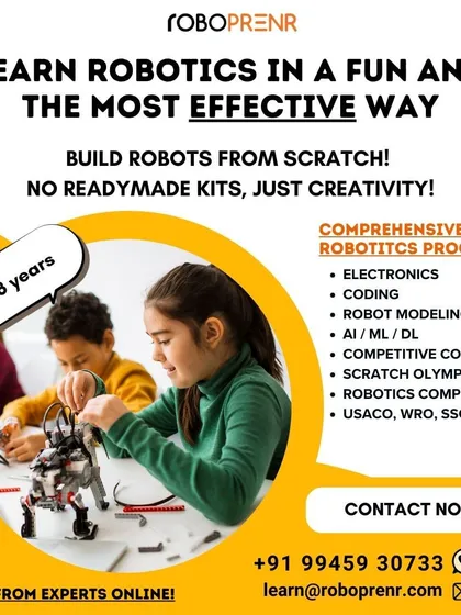We offer a comprehensive robotics program where kids learn to build from scratch, not from readymade kits. Our curriculum covers electronics, coding, AI, competitive coding, and preparation for major competitions like USACO and WRO for ages 8-18.