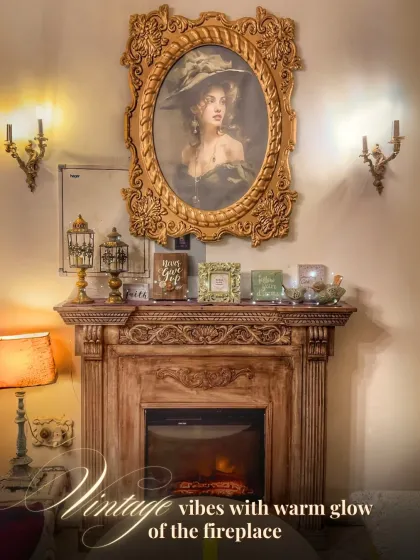 Here is a closer look at our ornate fireplace. I chose every detail, from the carved mantel to the vintage portrait, to create a warm and elegant focal point in the room.