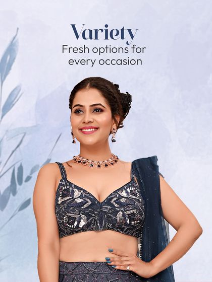 This graphic emphasizes the variety of fresh options I offer, featuring a beautiful blue blouse with intricate work.