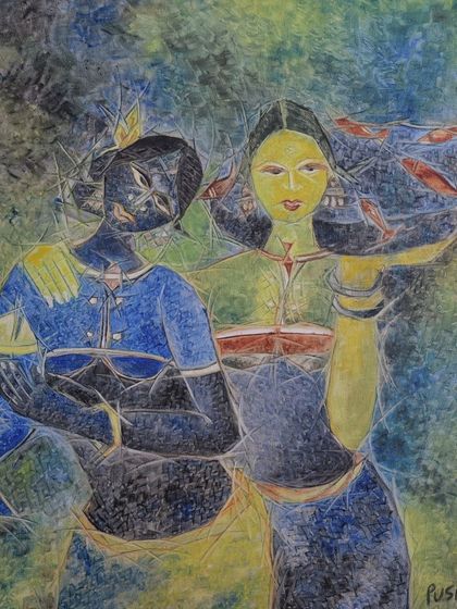 A piece from Pushpa Dravid's captivating series from the 1980s, exploring the complex emotions and strength of everyday Indian women. Here, two women, one with a basket of fish, lean on each other for support, portraying resilience and shared struggles.