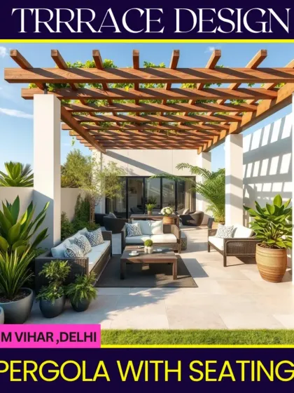 This pergola and seating area in Paschim Vihar, Delhi, shows how we blend natural elements with modern comfort. The wooden pergola provides shade while the comfortable, stylish seating and lush potted plants create an inviting open-air living room.
