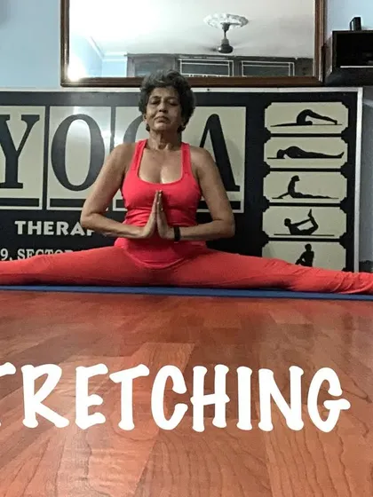 This image shows the full expression of the front split, a testament to hip and hamstring flexibility. My classes offer guided stretching for all levels.