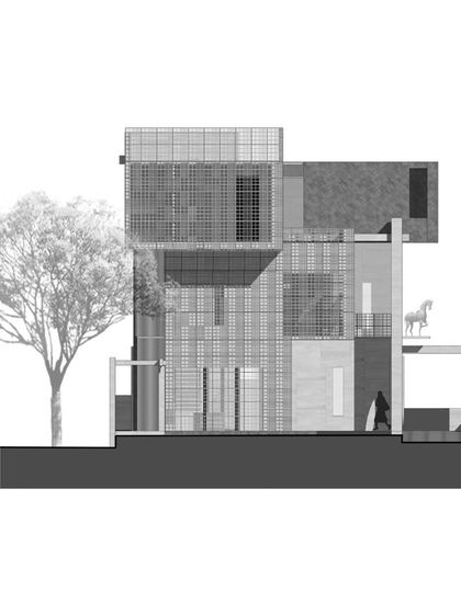A sectional drawing of the House of Solid Stone, showing how the design uses deep overhangs and stone screens to shade the glazing. This passive strategy helps maintain a comfortable interior temperature, even in Jaipur's hot climate.