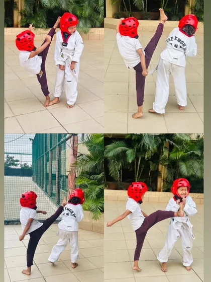 Even our youngest students learn the basics of sparring. This collage shows two young girls practicing their kicks with helmets on, building a foundation for future competitions.