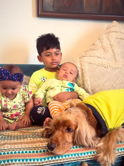 A sleepy moment for the whole gang. After a long day of playing, even the most energetic kids (and dogs) need a nap.