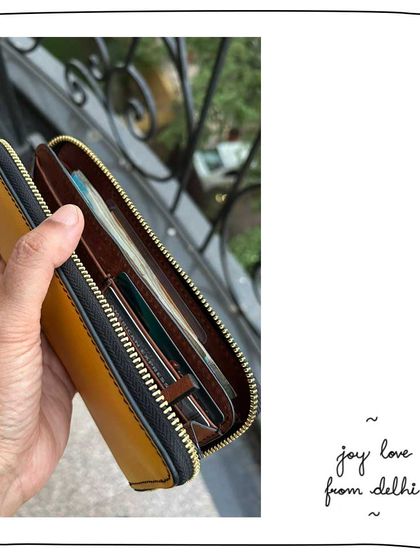 Sabrina from Delhi showing the inside of her Joy wallet in a custom Mango and Cinnamon leather combination. It's as beautiful inside as it is out.