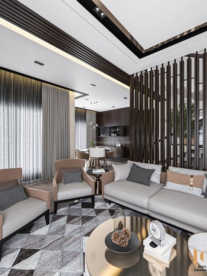 A view from the seating area, showing the cohesive design language of dark wood and neutral tones that flows through the space.