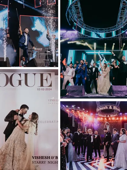 A collage of fun Sangeet moments, including a Vogue-themed photo booth, group performances, and the couple's grand entry.
