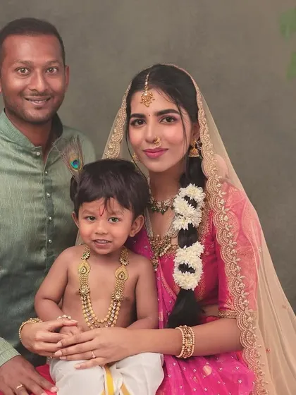 The final family portrait from our Krishna-themed session. Everyone is styled to complement the theme, creating a cohesive and unforgettable piece of art for their home.