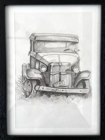 A detailed sketch of a vintage truck, showcasing the student's skill in capturing metallic textures and complex shapes.