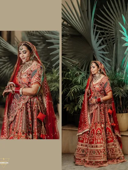 A collage of the bride's portraits, showcasing her beautiful red lehenga from different angles in a garden setting.