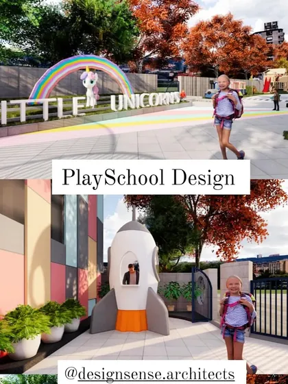 Renders for the "Little Unicorns" preschool entrance and outdoor play area. We designed a welcoming entrance with a rainbow and unicorn mascot and a fun outdoor space with a rocket ship structure to spark curiosity from the moment children arrive.