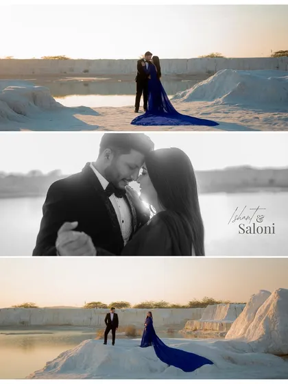 A collection of photos from Ishant and Saloni's pre-wedding shoot at the white sand dunes. The deep blue of the trail gown against the sunset creates a powerful and romantic image.