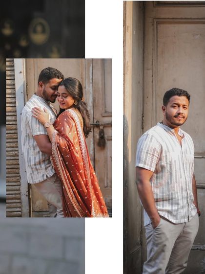A creative collage pairing a loving embrace with a confident solo portrait of him. It showcases both their connection as a couple and his individual personality.