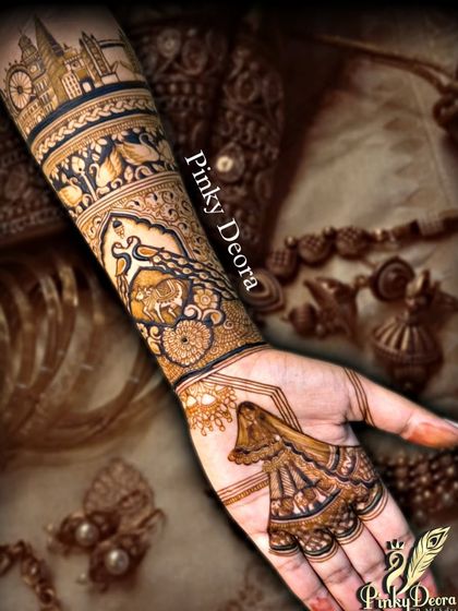 A full arm design combining a bride's portrait in a veil on the palm with the London skyline on the forearm. This is a perfect example of blending tradition with a modern love story.