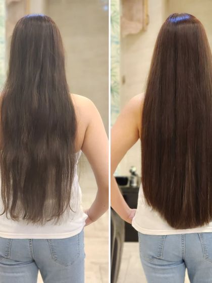 This before-and-after demonstrates a significant increase in length and improved hair texture, resulting in a sleek and polished final look.
