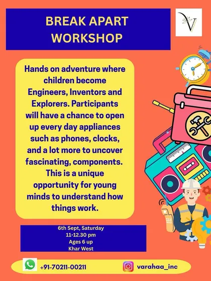 Our "Break Apart Workshop" is a favorite among curious kids. It’s a safe and supervised session where children get to deconstruct old phones, clocks, and remotes to discover the fascinating components inside.